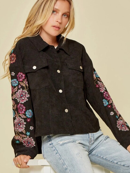 Sincerly Jules Jackets & Blazers - Sincerely Jules Black Corduroy Country Jacket Embroidered Floral Sleeves Back M